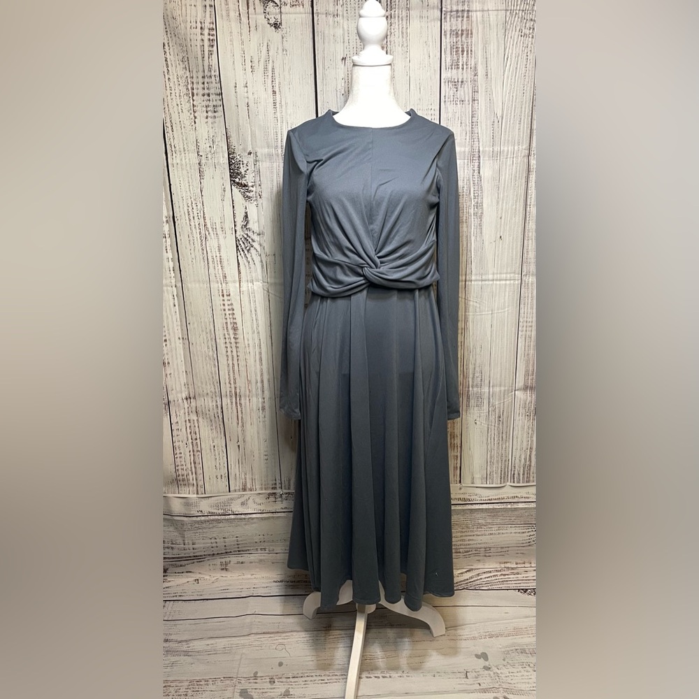 A New Day Blue Twist Front Long‎ Sleeve Midi Dress M NWT